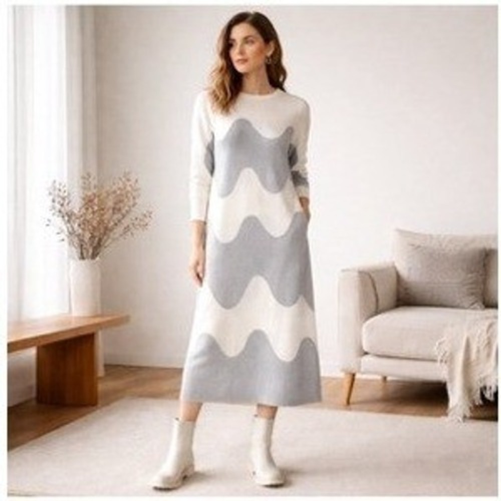 Marimekko x Uniqlo Wool Blend Knit Midi Sweater Dress Wavy Colorblock Grey S